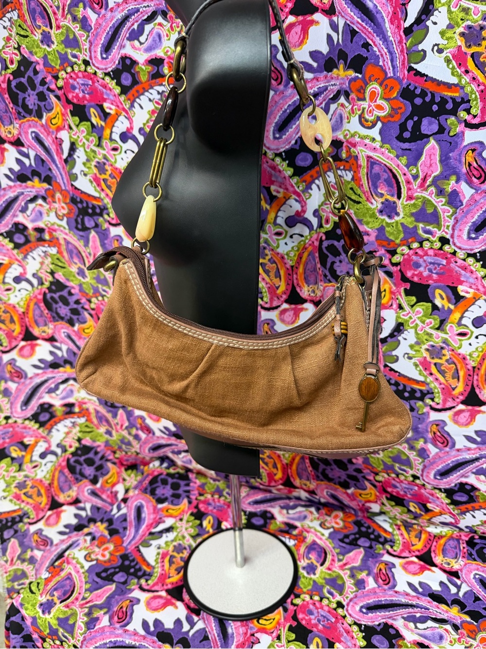 Fossil Tan Shoulder Bag with Key Charm